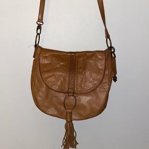 Tan purse with long strap